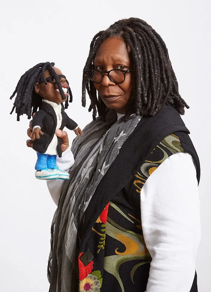 Whoopi Goldberg holding her needle-felted Felt Alive look-alike